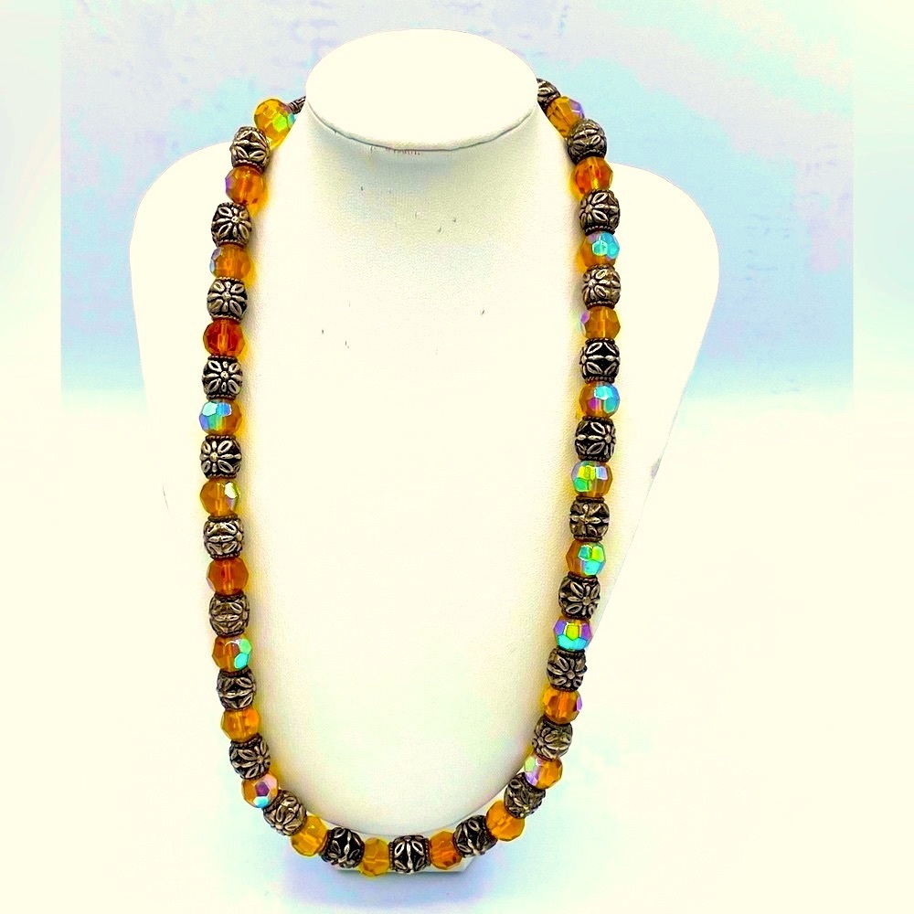 Vintage Hand Crafted Amber Aurora Borealis, Carved Silver Beads Necklace